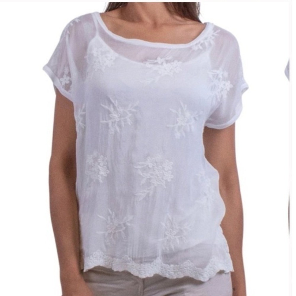 Angela Moda Italy Silk Blouse Womens Medium White Floral Embroidered Layered‎